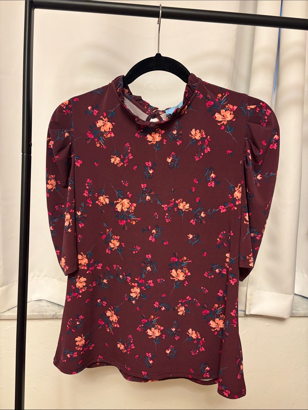 CeCe Burgundy Floral Mock-Neck Blouse